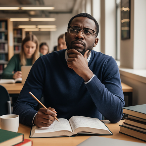 Black man studying and thinking with pencil