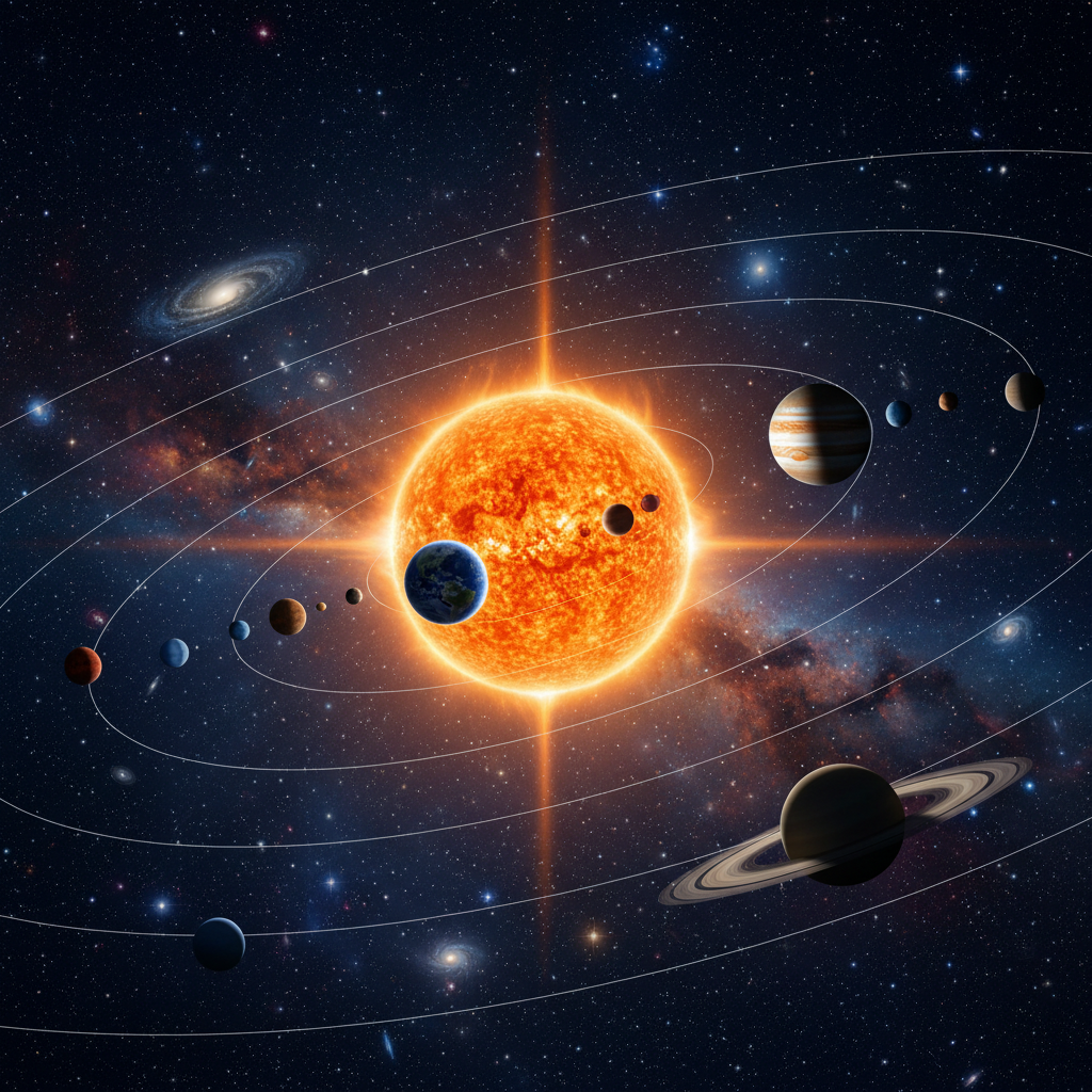 Sun in space with planets